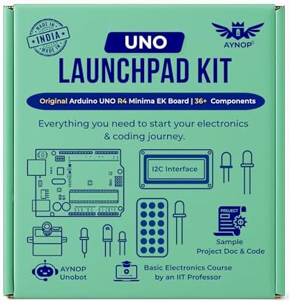 Uno Starter Kit with Genuine Arduino UNO R4 Minima EK & 36+ Components Including Sensors, AI Assistant UNOBOT, 16x2 I2C LCD, Basic Electronics Course & More