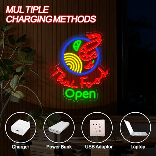 Image of Thai Food Open Neon Sign, Thailand Restaurant LED Neon Sign Wall Decor, Neon Signs for Wall Decor Food Shop Light Thai Cuisine Display 15.7 inch x 13.4 inch