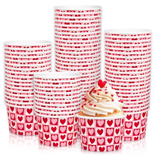 Whaline 100 Pcs 8 Oz Valentine's Day Treat Snack Cups Red Pink Heart Disposable Dessert Bowls Ice Cream Sundae Paper Bowls for Hot Cold Food Cupcakes Party Favor Supplies