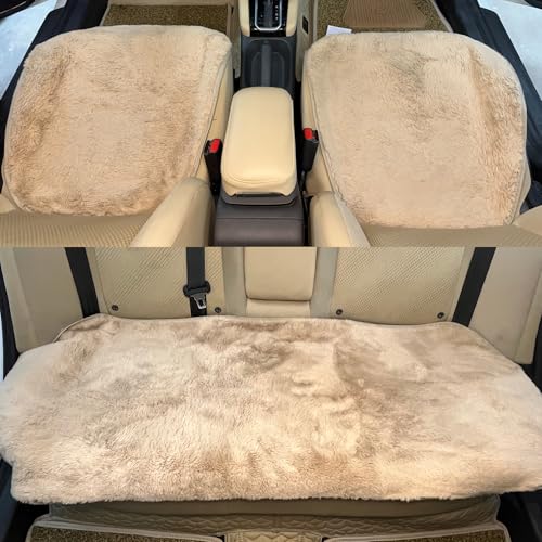 Image of Premium 3Pcs Car Seat Cover /Pad /Cushions | Luxury and Soft Rabbit Fur Cover | Fluffy Plush Vehicle Protector Pad with Non-Slip Backing | Universal Fit For Most Vehicles | Colour: Beige