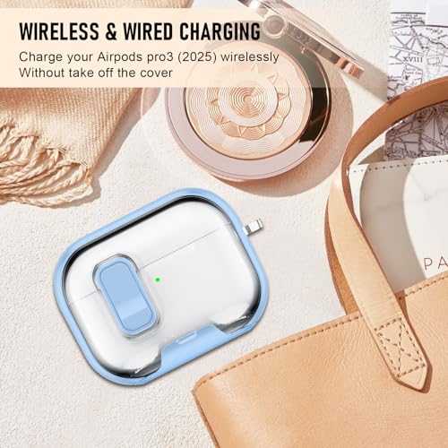 Image of Compatible Airpods Pro 3 Case (2025) with Phone Stand & Cleaner Kit,Print Soft Silicone Lock Clip Apple AirPods Pro 3rd Generation Case, Airpod Pro 3 Cover with Keychain for Women /Girls,Light Blue