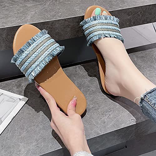 Women Slippers Summer New Pattern Linen Fashion Simple Flat Bottom Large Size Comfortable S Slip on Slippers (Blue, 6.5)4