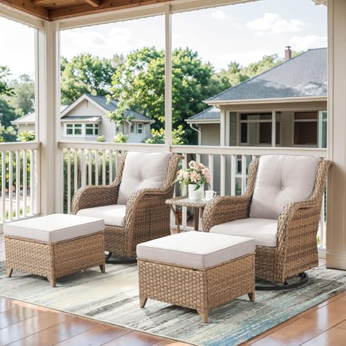 Belord 5 Piece Wicker Patio Furniture Set, Outdoor Swivel Rocker Chairs Set of 2 with Ottomans and...