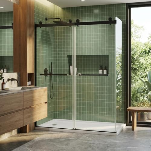 Image of Frameless Double Sliding Shower Door, 44-48 Inches Wide x 74 Inches High, 6mm Tempered Glass with Stainless Steel Track, Bathroom Renovation Upgrade, Easy Install, Matte Black