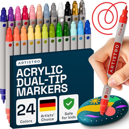 Artistro 24 Acrylstifte für Steine, Wasserfest mit Doppelspitze (Feine Spitze 1mm + Punkt 5mm), Acrylmarker, Malstifte-Set für Halloween, Zeichenset, Marker für Textil, Leinwand, Glas, Holz, Papier