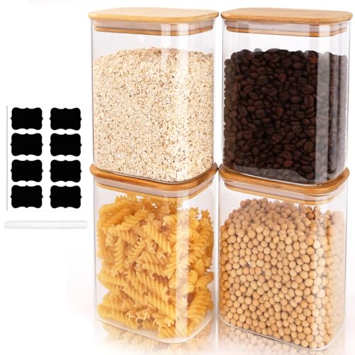 FoiiLiio 1,25 L Rectangle Conteneurs en Verre Lot de 4 Bocaux en Verre Avec Couvercles en Bambou Φ12x8x15cm Bocaux Rangement Cuisine en Verre pour Céréales, Cornflakes, Haricots