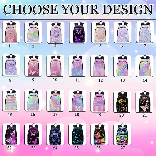 InterestPrint Customized Girl's Bookbag with Lunch Bag, Personalized Glitter Butterfly Knapsack Backpacks Custom Backpack for Girls and Lunch Box for Granddaughter Niece, Girl's School Bag2