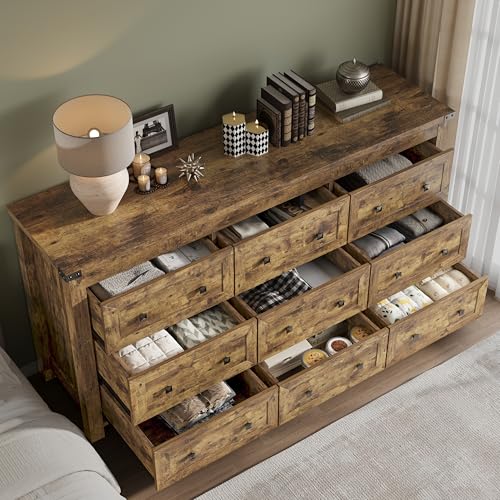 Image of BORNOON 9-Drawer Dresser, Modern Wooden Storage Chest of Drawers, Dresser TV Stand, Wood Drawer Organizer with Metal Handles for Bedroom, Living Room, Hallway