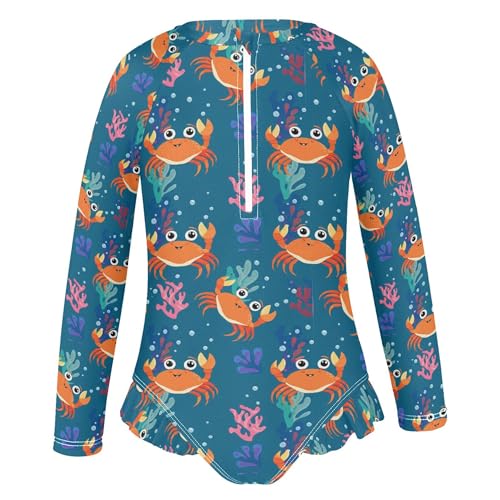 Cute Crab Girls Long Sleeve Rashguard Swimsuit UV Protection One-Piece Swimwear Bathing Suit B04040722