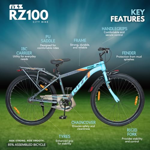 Image of Rizz RZ100 26T Bicycle | Steel Frame | Comfort Seat | Anti-Skid Tyres | Adjustable Handlebar | 10+ Years (Cyan)
