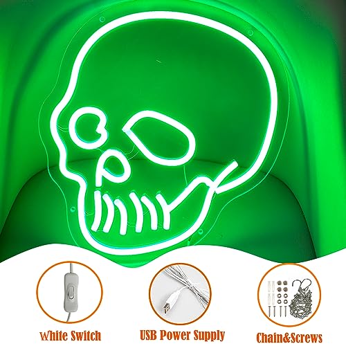 Image of Skull Neon Sign Green Skeleton Head LED Neon Signs Skull Wall Sign Neon Halloween Sign Skeleton Lights Sign for Bedroom Man Cave Game Room Halloween Decor Indoor