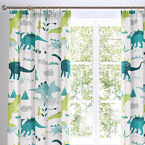 Bedlam - Dinosaur Curtains - Two Panels W66 x L72 (168 x 183cm) - Children/Kids' Green Pencil Pleat Curtains - Dinosaur Bedroom Accessories