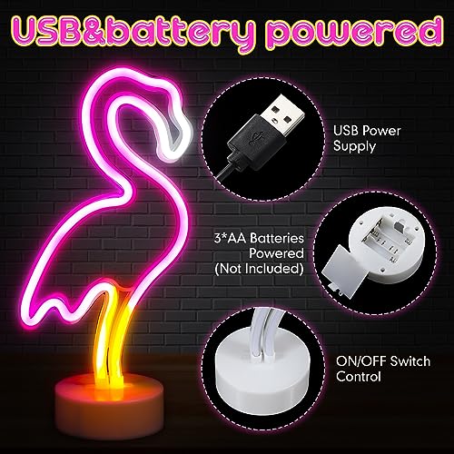 Image of Liliful 3 Pcs Flamingo Neon Lights Sign LED Pink Flamingo Lamps Decor Battery /USB Powered Neon Lights with Pedestal for Bedroom Decor Tropical & Hawaiian Party Birthday Gifts