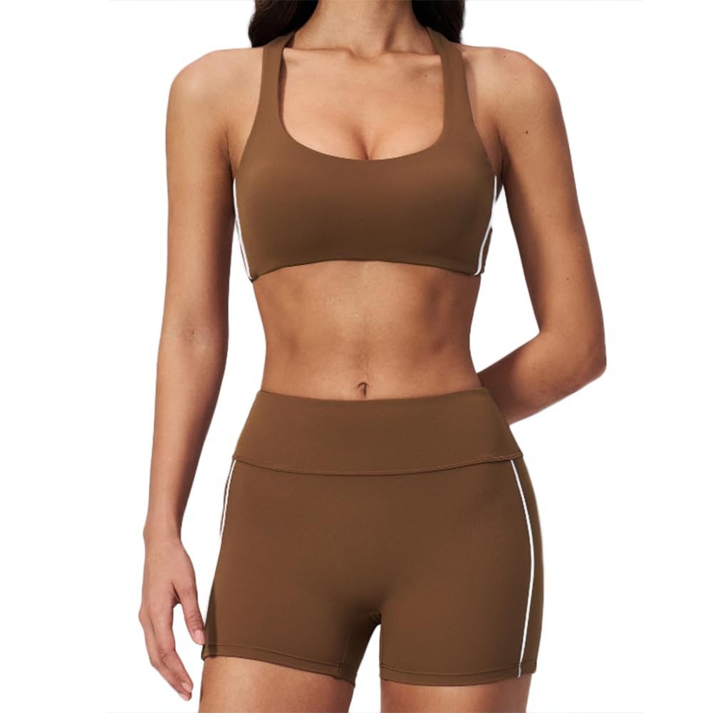 XYFfybhsd Women's Sports Bra & High Waist Shorts Outfit for Gym, Running & Outdoor Sports(Size:M,Color:Brown)