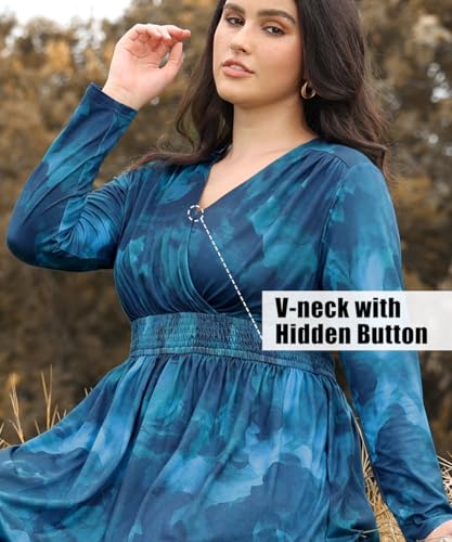 CARCOS Plus Size Dresses for Curvy Women V Neck Fall Maxi Dress Long Sleeve Floral Boho Dress Smocked Waist Party Dress4