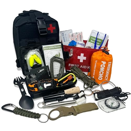 Kit de survie d&rsquo;urgence – 22 en 1 Équipement d&rsquo;extérieur Bushcraft – Pochette tactique Molle – Équipement de camping, randonnée, chasse