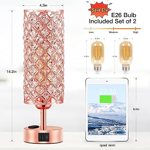 Image of Hong-in Rose Gold Lamp Set of 2, 3-Way Crystal Table Lamp Touch Control with USB-C+A & AC Ports, Dimmable Nightstand Desk Light, Pink Bedside Table Lamp for Bedroom(Bulb Included & Set of 2)