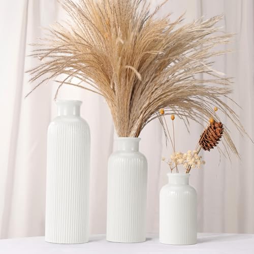 Small White Ceramic Vase Set of 3, Boho Modern White Flower Vase Room Decor, Farmhouse Decor, Vases for Your Kitchen, Bathroom, Bedroom, Living Room, Office&Shelf Centerpiece Table Decorations - Image 4