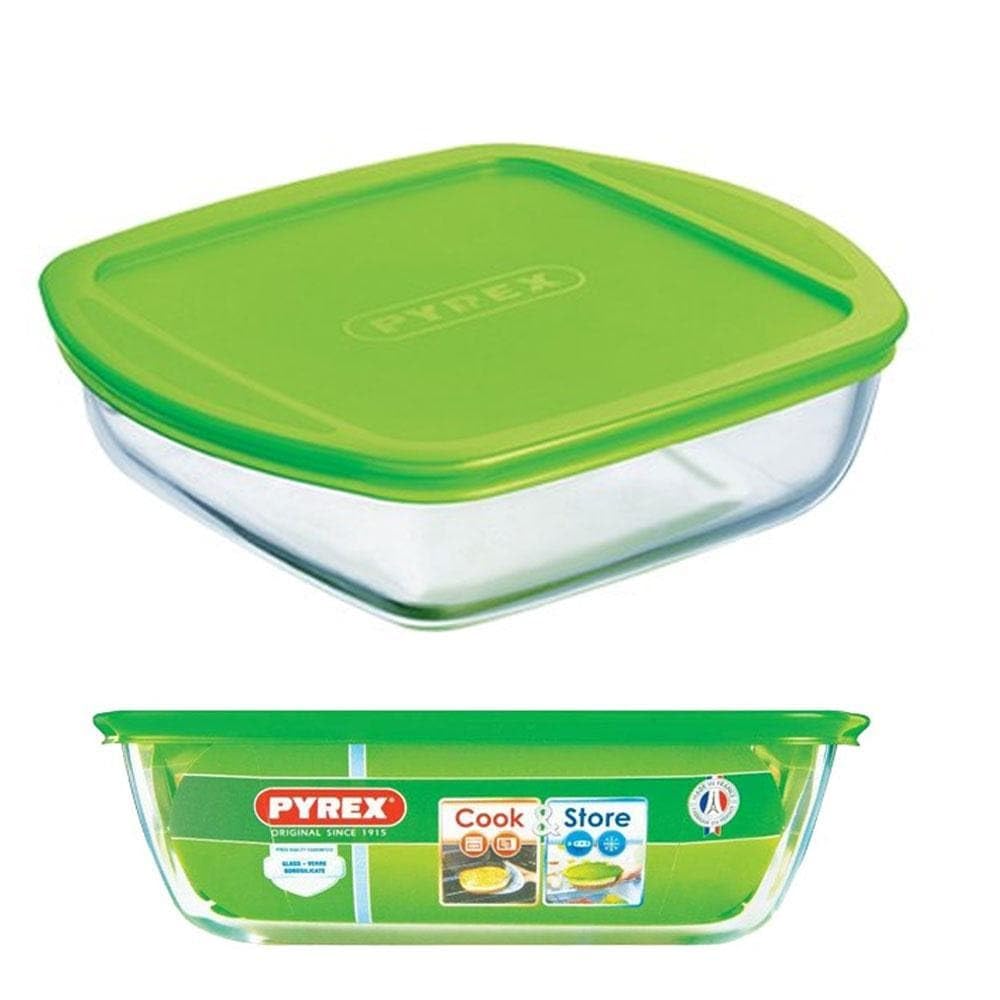 Pyrex Green Microwave Safe Classic Sqaure Glass Dish With Vented Lid 1 Litre (Pack Of 2)