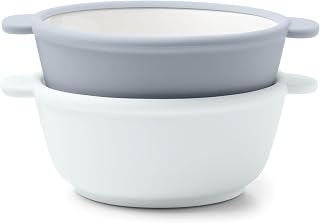 Ello Clean Start Ceramic Toddler Bowls with Sleeves, 2 Pack, Quiet Tide