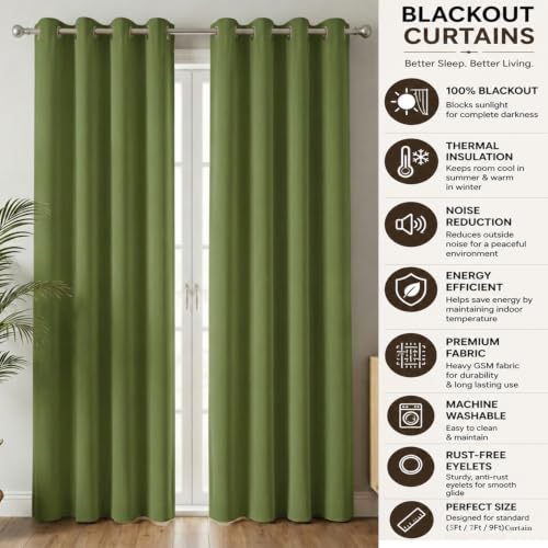 Image of 100% Blackout Window Curtains, 7 Feet, Solid Design, Faux Silk, Thermal Insulated, Noise Reducing Eyelet Door Curtain with Tie Back for Living Room & Bedroom, 115x210cm, Pack of 1 - Green