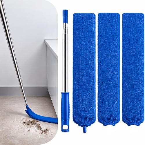 Image of Retractable Gap Dust Cleaner with Extension Pole & 3 Microfiber Cloths | Cleaning Tools with 3 Microfiber Dusting Cloths | Long Handle Duster 30-100'' | Under Refrigerator Furniture Appliance Blue
