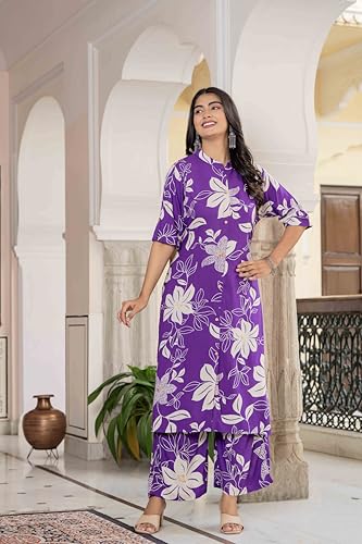 Image of Women's Floral Print Rayon Kurta Palazzo, Round Neck Half Sleeve, Regular Fit, Ethnic Casual Wear