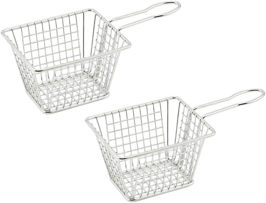 Soro Essentials- 4" x 3" x 3" Stainless Steel Rectangular Mini Fry Basket Set of 2- Food Serving Basket French Fries Chips Baskets Desk Food Presentation Mesh Baskets for Kitchen Table