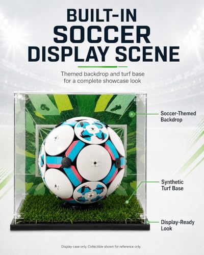 Image of Acrylic Display Case Compatible with LEGO Editions Soccer Ball, 10.5 inch Clear Display Box with Soccer-Themed Background & Artificial Turf, Dust-Resistant Acrylic Showcase for Soccer Ball