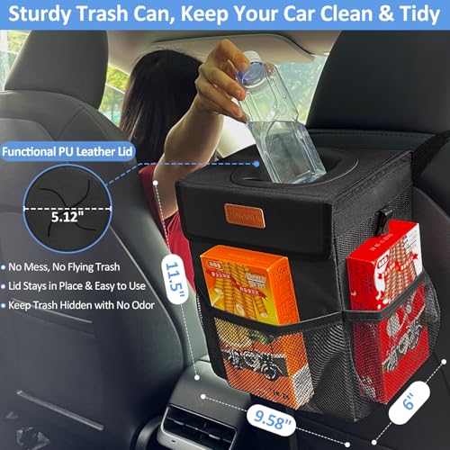 Image of ELONGRIVER Car Trash Can Bin for Back Seat Leak Proof, Cute Car Trash Bag Hanging, Vehicle Trash Can for SUV Truck Van, Automotive Garbage Cans Front Seat Black