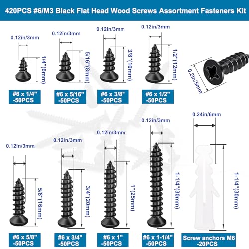 Image of #4 Small Wood Screws Assortment Kit 420PCS, Black Short Phillips Flat Head Self Tapping Cabinet Hinge Screws, Hardened Carbon Steel Tiny Micro Mini Screws with 20Pcs M6 Wall Anchors