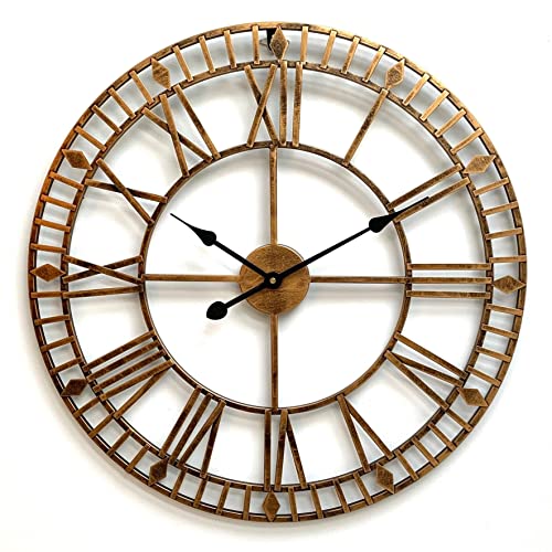Funtabee 60 cm große übergroße Wanduhr mit römischen Ziffern, antike Bronze-Wanduhr, Metall-Wanduhr, leise Wanduhr für Wohnzimmer, Küche (60 cm) Cover