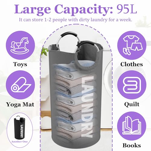 Image of 2Pcs Large Laundry Hamper for Adult, 95L Folding Clothes Basket with Handles, Dirty Clothes Hampers for Bedroom, Stand-alone Laundry Bin for Family, Hotel, Dorm, Grey /Black