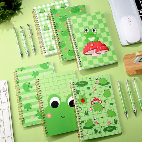 Image of Resurhang 6 Pack A5 Frog Spiral Notebooks Preppy Journal Cute Aesthetic Hardcover Ruled Notebooks with Ballpoint Pens for Office School Day Classroom Prize Supplies, 5.5 x 8.3 Inch