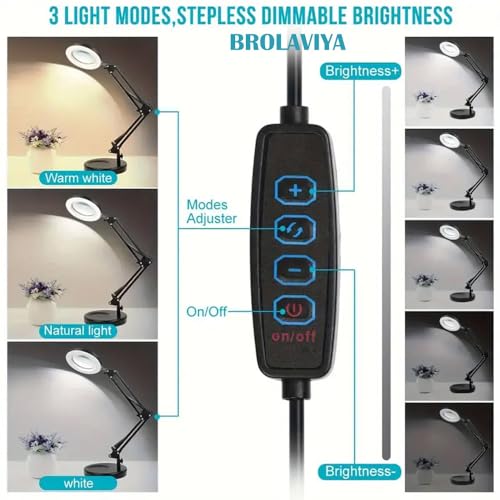 Image of BROLAVIYA Overhead Heavy Base 5X Magnifying Glass with Led Light and Stand, 3 Color Modes Dimmable, Flexible Metal Arm, Magnifier Desk Lamp for Crafts, Makeup, Reading, Photography - Black