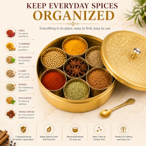 Image of Decorative Brass Spice Box with Floral Lid & Spoon | Handcrafted Round Masala Dabba with 7 Containers | Traditional Brass Masala Box for Kitchen | Masala Dani for Kitchen Stylish
