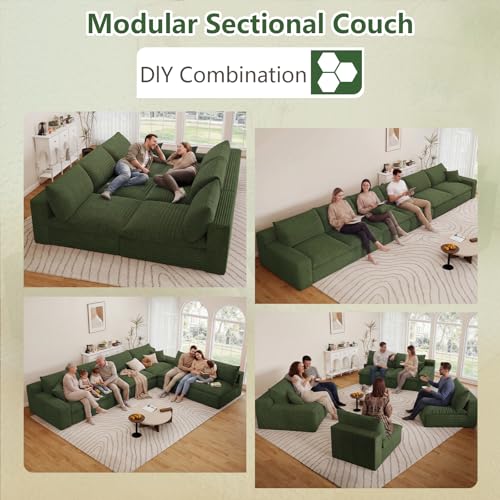 Image of 136 inch Cloud Couch Modular Sectional Sofa for Living Room, U-Shape Boneless Couch with Deep Seat, Modern Corduroy 6-Seater, No Assembly Required, Green