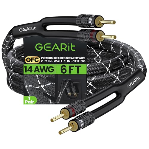 GearIT 14AWG Premium Heavy Duty Braided Speaker Wire Cable (6 Feet) Dual Gold Plated Banana Plug Tips - in-Wall CL2 - Oxygen-Free Copper (OFC) Black