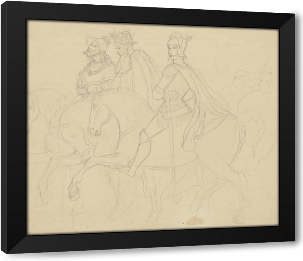 ArtDirect Drei Reiter zu Pferd, gefolgt von zwei Männern Custom Framed Art Print Giclee Print or Canvas Options with Various Sizes and Customization by Adrian Ludwig Richter