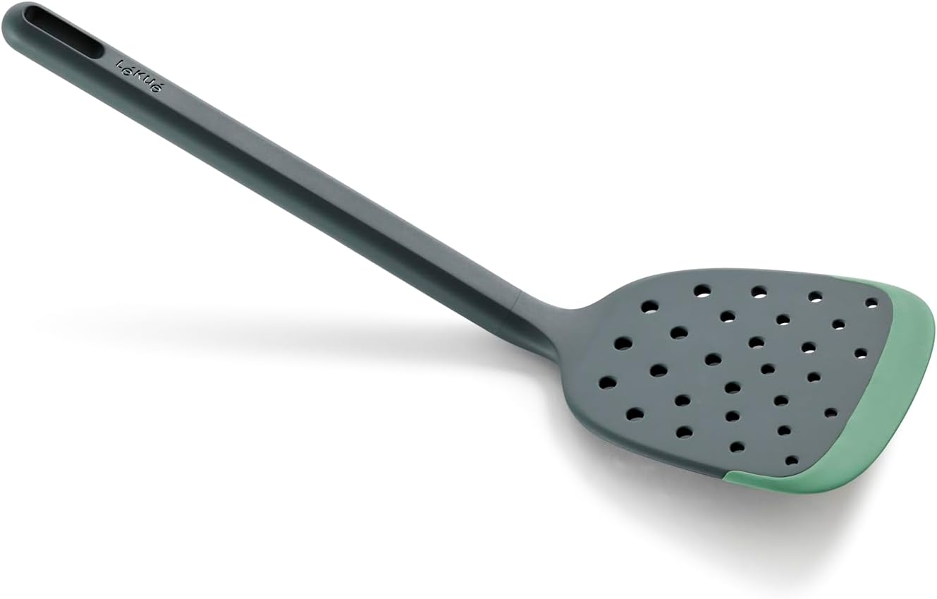 Lékué Slotted Turner Spatula, 3.74 x 2.76 x 12.05inch, Grey with Green