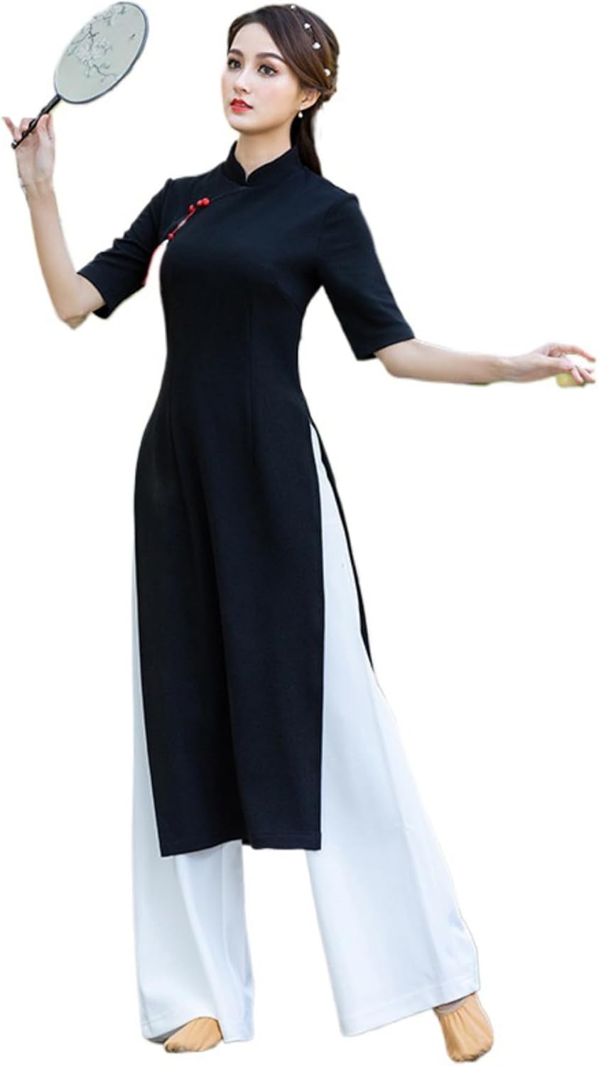 レディース古典ダンス衣装 チャイナドレス スリット入り ガウチョパンツ ダンスウェア 練習着 中華風舞台ステージ衣装 演出服 ヨガバ