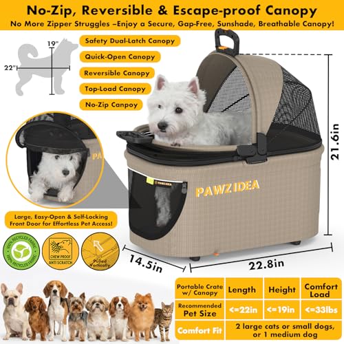 Image of PAWZIDEA 4-in-1 Pet Stroller with Detachable Carrier, Escape-Proof No-Zip Canopy, Lightweight Foldable Dog Stroller for Small Medium Dogs & Cats, Portable Travel Crate & Car Seat Combo, Storage Basket
