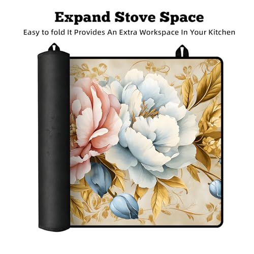 Image of Multi-Design Stove Top Cover for Glass /Electric Stoves - 3-in-1 Heat-Resistant Protector Mat, Non-Slip Drying Rack 28 inchx20 inch (Pink-White Peony, 28 inch L x 20 inch W)