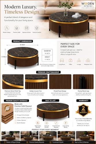Image of WOODEN SPACE Premium Luxury Nazaara Marble-Top Coffee Table with Iron Legs & PVD Coating | Modern Round Wooden Center Table for Living Room & Entryway (Brown, 36 Inch)