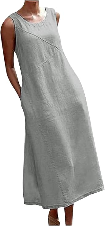 Womens Dress Beach Elegant Lightweight Ladies Dresses 2025 Cotton Linen Sleeveless Crewneck Midi Dress for Lady