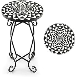 Macetero Pedestal Negro HOMASIS Mesa Auxiliar de Mosaico, Mesa de jardín, Soporte para Plantas con Tablero Redondo de Metal y Azulejos, Mesa de Exterior Robusta para Jardín, Balcón y Sala de Estar, 30x30x50cm (Negro+Blanco)