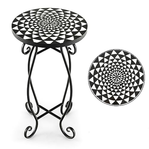 HOMASIS Mesa Auxiliar de Mosaico, Mesa de jardín, Soporte para Plantas con Tablero Redondo de Metal...