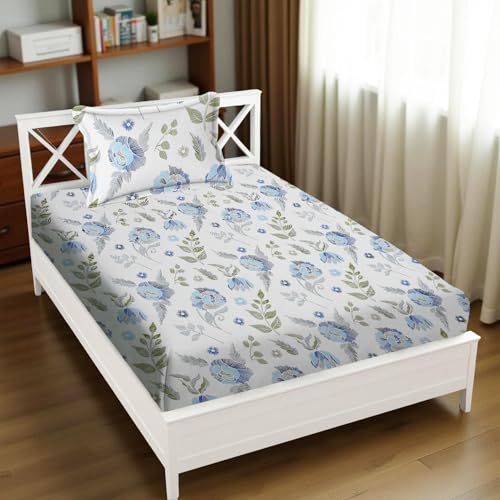 Image of 240 TC Soft Ezyption Floral Single Bed Sheet Cotton - Single bedsheet with 1 Pillow Cover Hypoallergenic, Brethable, (Size- 60 x 90 Inch | White Grey