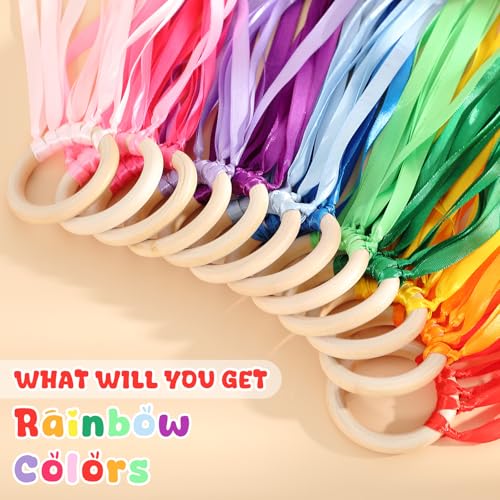 Image of Junkin Ribbon Rings Hand Kite Waldorf Toys Dancing Wrist Ribbons Rainbow Streamers with Wood Ring Educational Toy for Playroom Dancing Birthday Party Gift(Solid Color,24 Pcs)