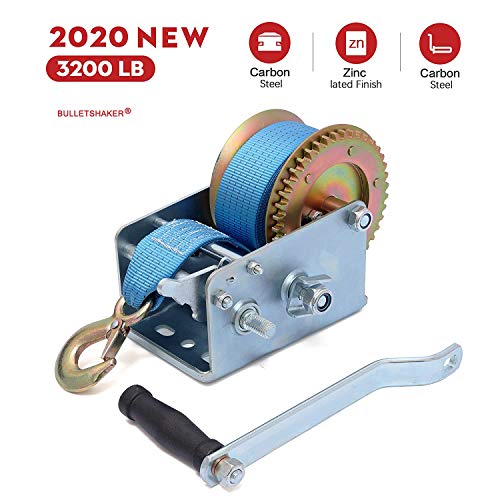 Bulletshaker 3200Lbs Polyester Strap 2 Gear Hand Winch Hand Crank Gear Winch Atv Boat Trailer #TOP1
